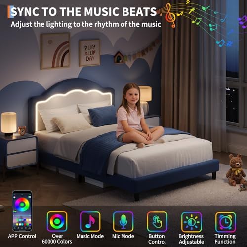 IDEALHOUSE Full Bed Frame with LED Headboard, Boucle Fabric Upholstered Platform Bed with LED Light for Kids, Girls, Wooden Slats Support, No Box Spring Needed, Blue