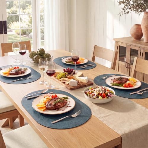 MOSAYT Vinyl Faux Leather Oval Placemats, Set of 6, Navy Blue