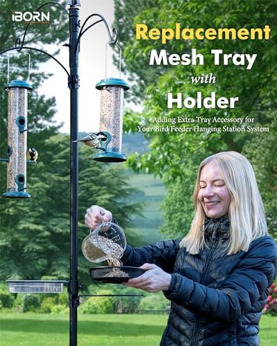 iBorn Bird Feeders Station Mesh Tray and Ring for 1” Pole Stand Station Outdoor Accessory for Humming Bird Feeders for Outside,5SECOND to Install,Fit for 1 Inch Pole,1 Inch Wooden Stick,Pack of 1