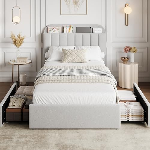 GarveeHome Twin Bed Frame, Platform Bed with Storage Headboard & Drawers