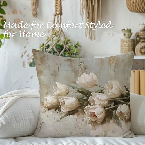 Vintage White Tulip Floral Pillow Cover 18x18, Cottagecore Room Decor, Neutral Farmhouse White Flower Decorative Throw Pillow Covers Pillowcases for Living Room Home Bedroom