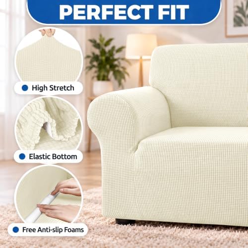KEKUOU Stretch Couch Covers for Sofa, 3 Cushion Couch Slipcover,Beige