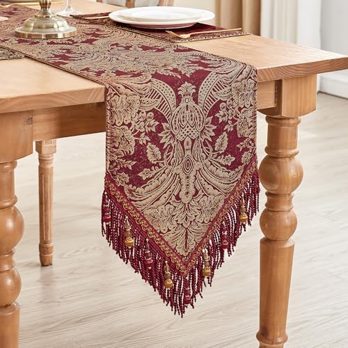 Loom and Mill Luxury Damask Table Runner 90 Inches Long, Wine Red
