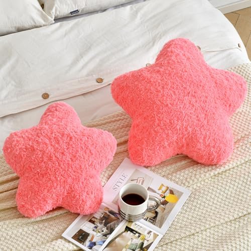 Star Pillow, 19.7" Star Shaped Plush Pillow for Couch Bed Sofa, Cute Decorative Throw Pillows with Soft Faux Fur Room Decor for Bedroom Living Room (Rose Pink)