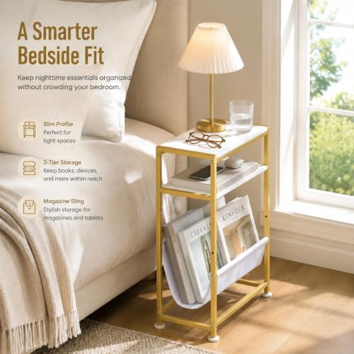 Narrow End Table for Small Spaces - Slim Side Table with Magazine Holder,2 in 1 Design Narrow Coffee Table Living Room,Skinny Bedroom Nightstand Thin Side Magazine Table (White+Gold)