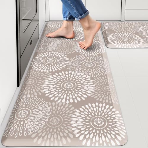 LuxStep Kitchen Mats for Floor,0.47 inch Thicker Cushioned Rug Anti-Fatigue Mats for Kitchen Decor Accessories,Waterproof Non-Slip Mats and Rugs Set for Office,Laundry 17.3"×29"+17.3"×47",Khaki