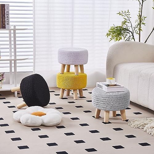 Wimarsbon Small Ottomans, 100% Hand Knitted Pouf Ottoman, Round Footrest with 4 Non-Skid Wood Legs, Boho Décor Cotton Rope Pouffe, Leisure Floor Step Chair for Living Room (Black)