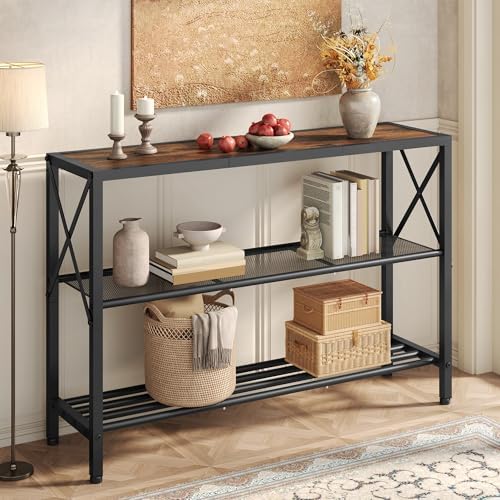Hoctieon Industrial Console Table, 3 Tier Entryway Table, Hallway Table, Narrow Sofa Table with Shelves, Entrance Table for Entryway, Living Room, Foyer, Office, Rustic Brown&Black
