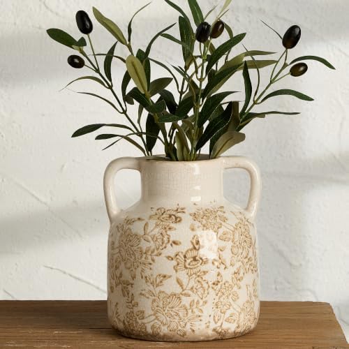 Vintage Flower Vase with Handles, Ceramic Utensil Holder, Decorative Vase Chinoiserie Decor Rustic Farmhouse Retro Floral Vases for Table Bookshelf Mantel Kitchen Living Room - 6.7” Brown 017