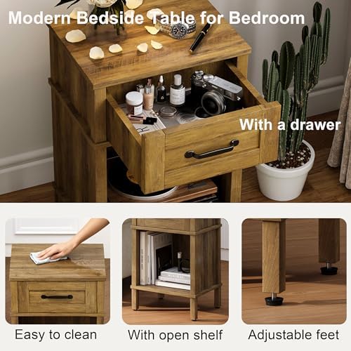 Small Brown Night Stand,Rustic End Table,Wood Nightstand with Drawer