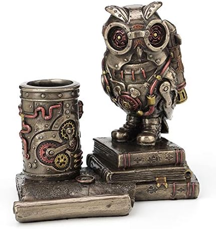 Veronese Design 5 1/4 Inch Steampunk Owl Cell Phone Holder Pen Holder Resin Sculpture Bronze Finish Statue Desk Stand Home Decor Aviation Bird Animal Gift