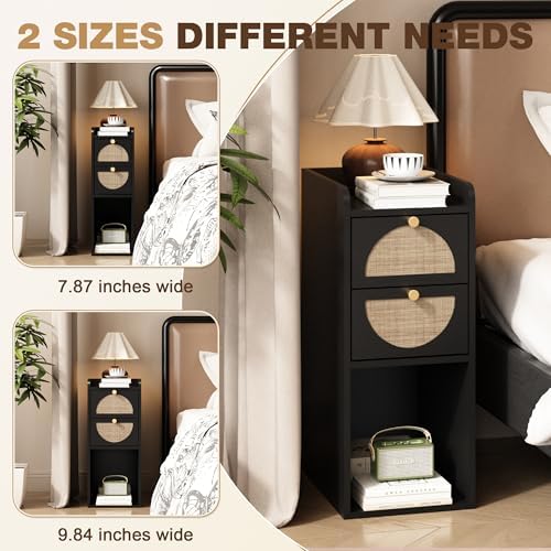Narrow Nightstand Set of 2 (Rattan & Wood) - Small Bedside Table with 2 Drawers, Open Shelf, Mid Century Modern End Table - for Bedroom, Living Room & Small Spaces, Black