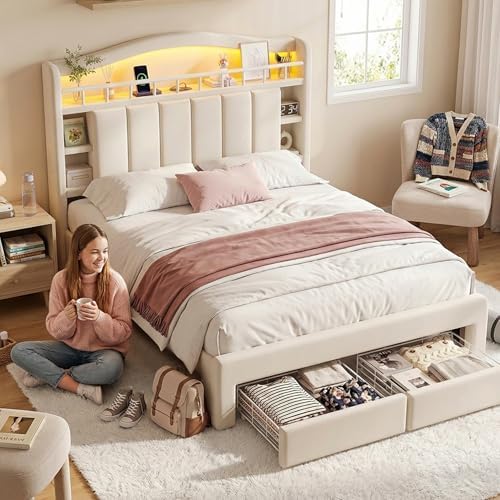 Kids LED Bed Frame with Storage Headboard & 2 Storage Drawers (Queen&Beige)