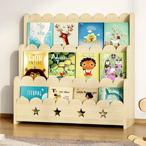 EXPERLAM Scalloped Bookshelf for Kids, 3-Tier Front Facing Book Display Shelf, Solid Wood Montessori Bookcase Organizer for Bedroom, Nursery, Playroom & Classroom