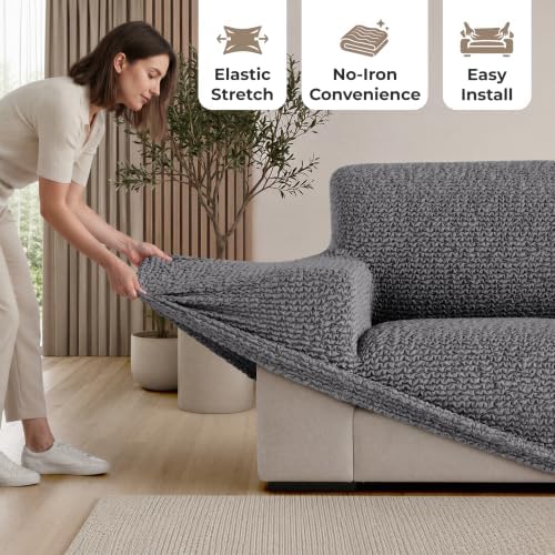 PAULATO Premium Stretch Couch Covers for Sofa - Sofa Chair Cover Washable, Dogs & Pets Friendly - Elastic Polyester Loveseat Slipcovers - Non-Slip Love Seat Couch Covers - Dark Grey (86"-120" Wide)
