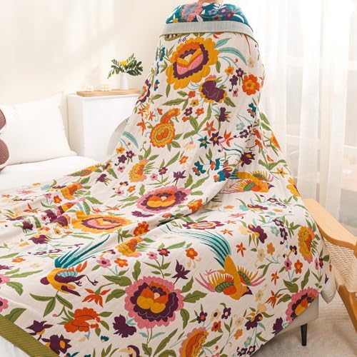 Flower and Bird Boho Throw Blanket for Bed Couch 80"×90"