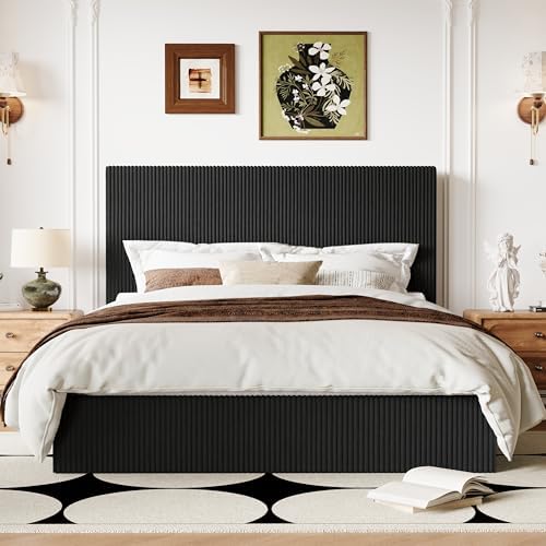 Allewie Full Bed Frame, Adjustable Corduroy Headboard, Platform, Black