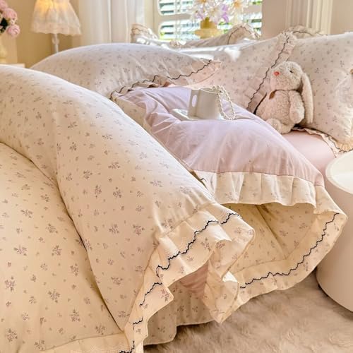 Pink Floral Duvet Cover Set 3 Pcs,100% Cotton Twin Size Duvet Cover with 2 Pillowcases,Aesthetic Rustic Cute Bedding Set with Ruffles for Teen Girls,Comforter Cover with Ties 68"×86"