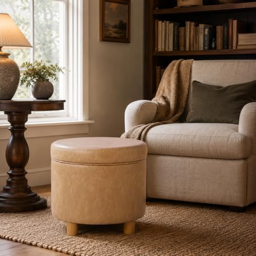 HomePop 19" Round Storage Ottoman - Sand Faux Leather