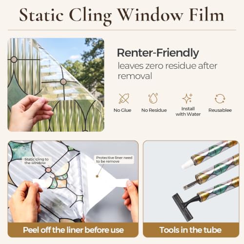 Stained Glass Window Film, Reeded Glass Film Static Cling, 17.5" x 78.7"