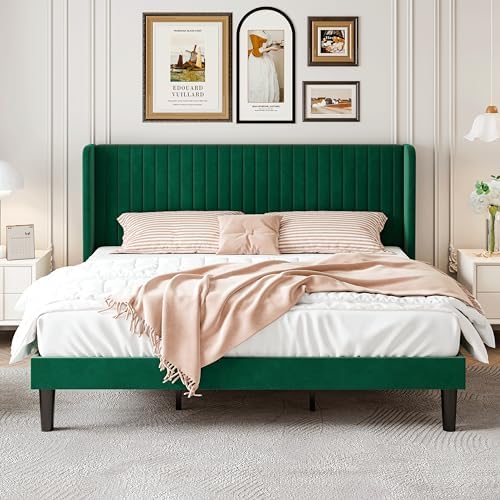 SHA CERLIN King Size Velvet Bed Frame, Tufted Wingback Headboard, Green