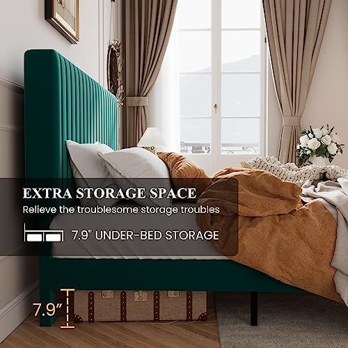 SHA CERLIN Queen Upholstered Platform Bed Frame with Vertical Channel Tufted Velvet Fabric Adjustable Headboard, Wooden Slats Support, Mattress Foundation, Box Spring Optional, Teal