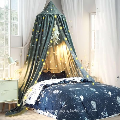Hommi Lovvi Space Rockets Print Kids Bed Canopy, Girls Princess Canopy Dreamy Room Decor, Soft Hanging Reading Nook Play Tent Canopy, Extra Large Full Size Bed Canopy with String Light