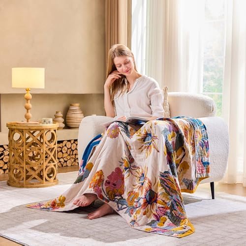 XIBLC Boho Throw Blanket, 100% Cotton Ultra Soft Luxury Throw Rustic Quilt, 80"x90" Floral Bird Butterfly Farmhouse Decor Bed Blankets, All Season Rustic Reversible Bohemian Throw for Bed - Yellow
