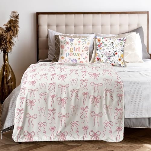 Pink Bow Throw Blanket for Couch, Girly Room Decor Aesthetic, Coquette Pink Ribbon Bow Throw Blanket for Girls Bedroom Dorm Living Room Home Decoration, 50x60 Inches
