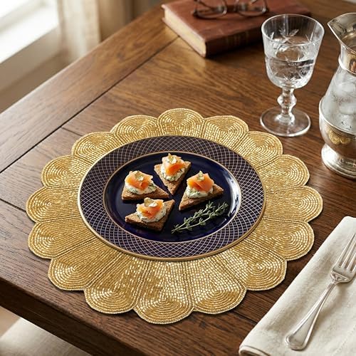 ALPHA Living HOME Beaded Placemats Set of 2, 13 Inch Round Gold Table Mats