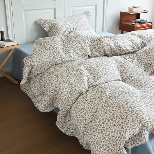 BuLuTu Blue Floral Print Duvet Cover King Size, Elegant Ruffles Bedding Set 3 Pieces, 100% Cotton Muslin Comforter Cover with 2 Pillowcases Soft Lightweight King Bed Set, Machine Wash