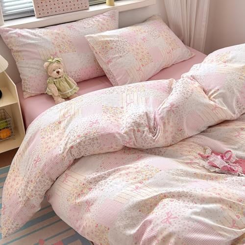 100% Cotton Pink Patchwork Duvet Cover Twin Size 2 Layer Muslin Comforter Cover Set for Teen Girls Women,Cute Bedding Set 3 Pieces,Includes 1 Duvet Cover& 2 Pillowcases