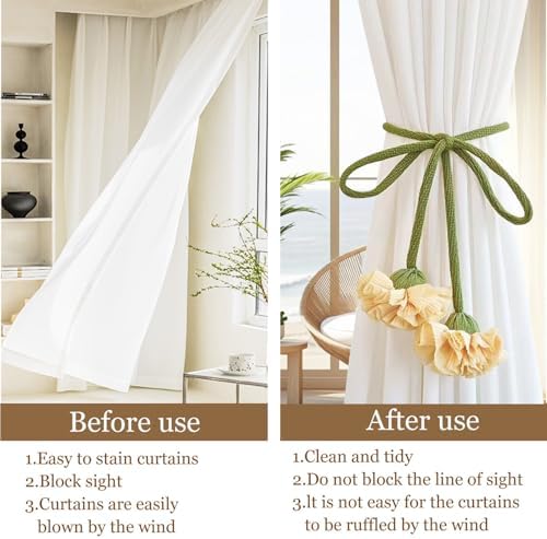 Handmade Curtains Tiebacks, Boho Flower Curtain Tie Backs Curtain Holder Tie Backs for Curtains Braided,Cute Flower Curtain Ties Decorative Rope for Bedroom Window Treatment (Light Yellow)