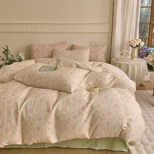 Floral Duvet Cover Set 3 Pcs,100% Cotton Double Gauze Twin Size Duvet Cover with 2 Pillowcases,Cute Pink Bedding Set for Teen Girls Women,Muslin Comforter Cover 68"×86"