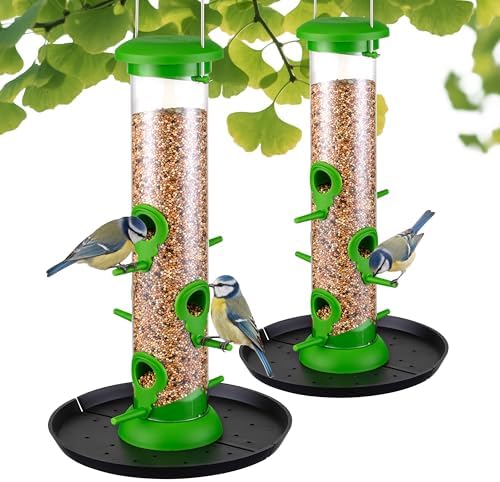 Tube Bird Feeders for Outdoors, 13" 6-Port Seed Catcher, Lawn Green, 2 PK