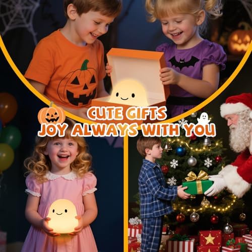 Ghost Night Light for Kids, Cute Squishy Silicone Ghost Lamp, 50-Hour Rechargeable Bedside Light with Tap Control, 2 Brightness Levels, 30-Min Auto-Off Timer, Halloween Gifts