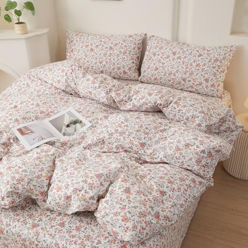 HighBuy Farmhouse 100% Cotton Duvet Cover Full Size 3PC,Soft Pink Floral Comforter Cover with 2 Pillowcases,Vintage Flowers Coquette Bedding Set Duvet Cover Set for College Girls Women