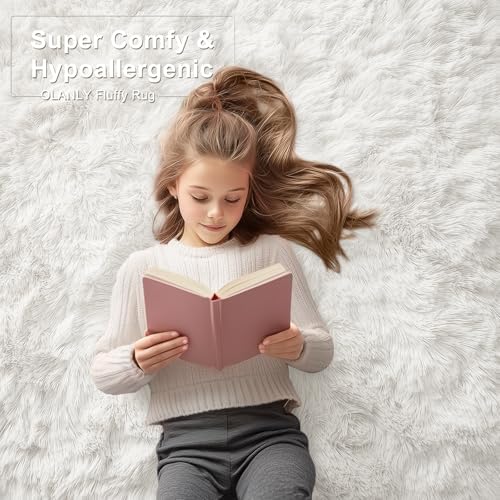 OLANLY 6x6 Area Rugs for Living Room Bedroom, Machine Washable Soft Fluffy Shaggy Bedside Rug, Indoor Floor Carpet for Kids Girls and Boys, Dorms, Nursery Rooms, Home Decor Aesthetic, Ivory