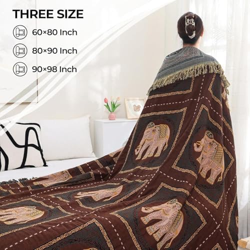 Elephant Pattern Cotton Boho Throw Blanket for Bed with Tassels 90"×98"