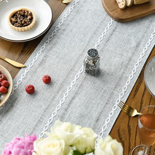Artoid Mode Grey Rustic Cotton Linen Table Runner, Seasonal Embroidered Hollow Kitchen Dining Table Decoration for Home Party Decor 13x60 Inch