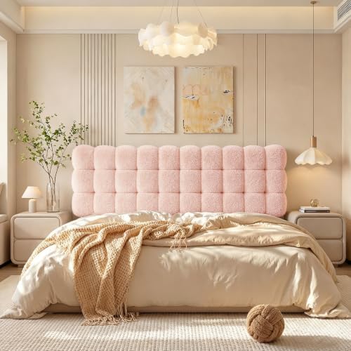 Pinmoco King Cloud-Shaped Upholstered Headboard, Teddy Fleece Pink