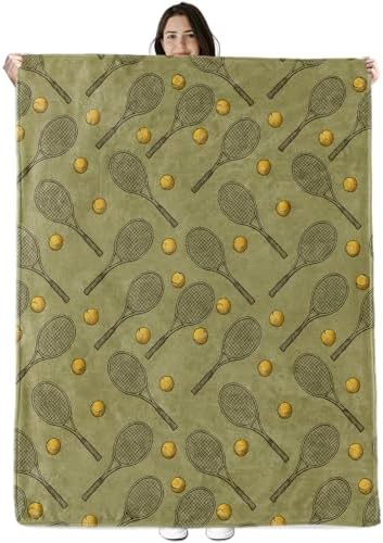 Tennis Blanket Gifts for Boys Girls Kids, Vintage Rackets and Yellow Tennis Balls Warm Soft Flannel Throw Blankets for Travel, Sofa, Room, Bedroom Birthday Christmas Spring Decor, 60x80 in