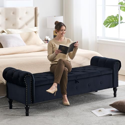 Storage Bench 67" Velvet End of Bed Benches Black