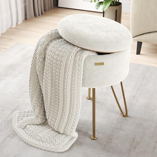 Round Ottoman with Storage, Boucle Storage Ottoman, Foot Stool Ottomans, Makeup Vanity Stool, Small Ottomans Foot Rest, Modern Vanity Stools for Living Room and Bedroom, Cream