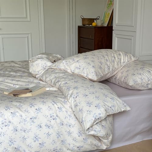 Floral Queen Duvet Cover Off White Boho Queen Size Comforter Cover Cotton Cottage Core Cute Cozy Duvet Cover Set with 4 Corner Ties Lightweight Bedding Queen French Country Duvet Protector