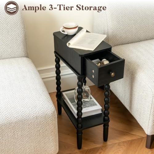 Fultyle Narrow Black Side Table with Drawer, Skinny End Table with Shelf