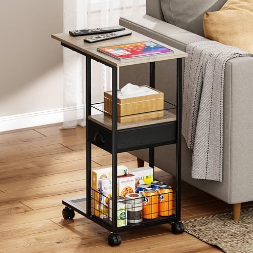 Rolling C Shaped Side Table with Storage Drawer, Ivory Portable Desk on Wheels, Bedside Table for Sofa Couch & Bed, Small Overbed Laptop Desk, Mobile Coffee End Table for Bedroom Living Room Dorm