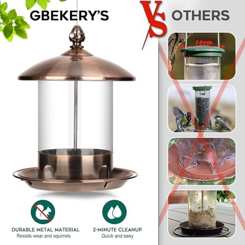 Gbekery Metal Bird Feeders for Outdoors Hanging, 360° Feeding Tray, Copper