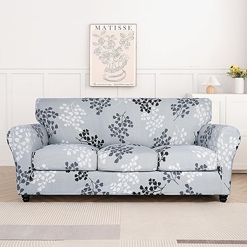 SearchI Stretch Sofa Cover Printed Couch Cover, Floral Pattern 4 Pieces Sofa Slipcover with 3 Separate Cushion Cover, Washable Furniture Protector for Living Room(Sofa, Leaf Pattern)