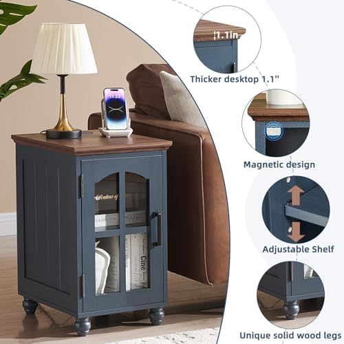 RWYHG Narrow Side Table, Farmhouse Nightstand with Charging Station